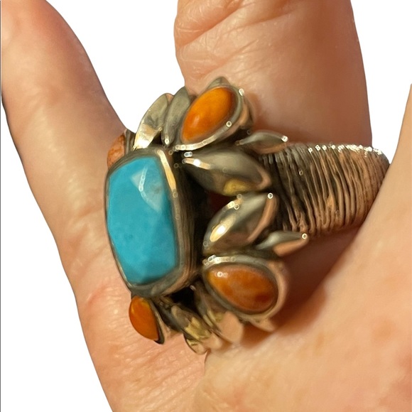 Vintage sterling silver large chunky navajo Turquoise & Spiny Oyster Ring - Picture 6 of 14